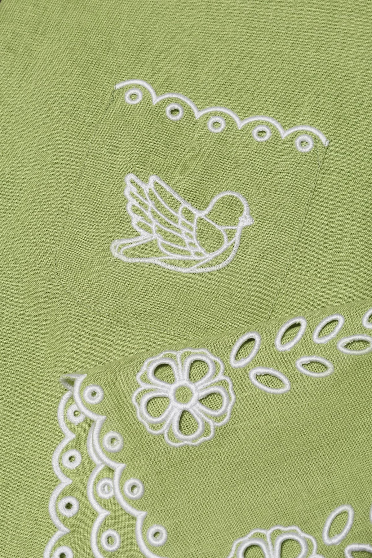 Foberini, Embroidered dress, green, linen, hand-embroidered – fabric detail