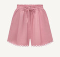 A pair of pink linen-blend shorts with an elastic drawstring waist and a scalloped edge