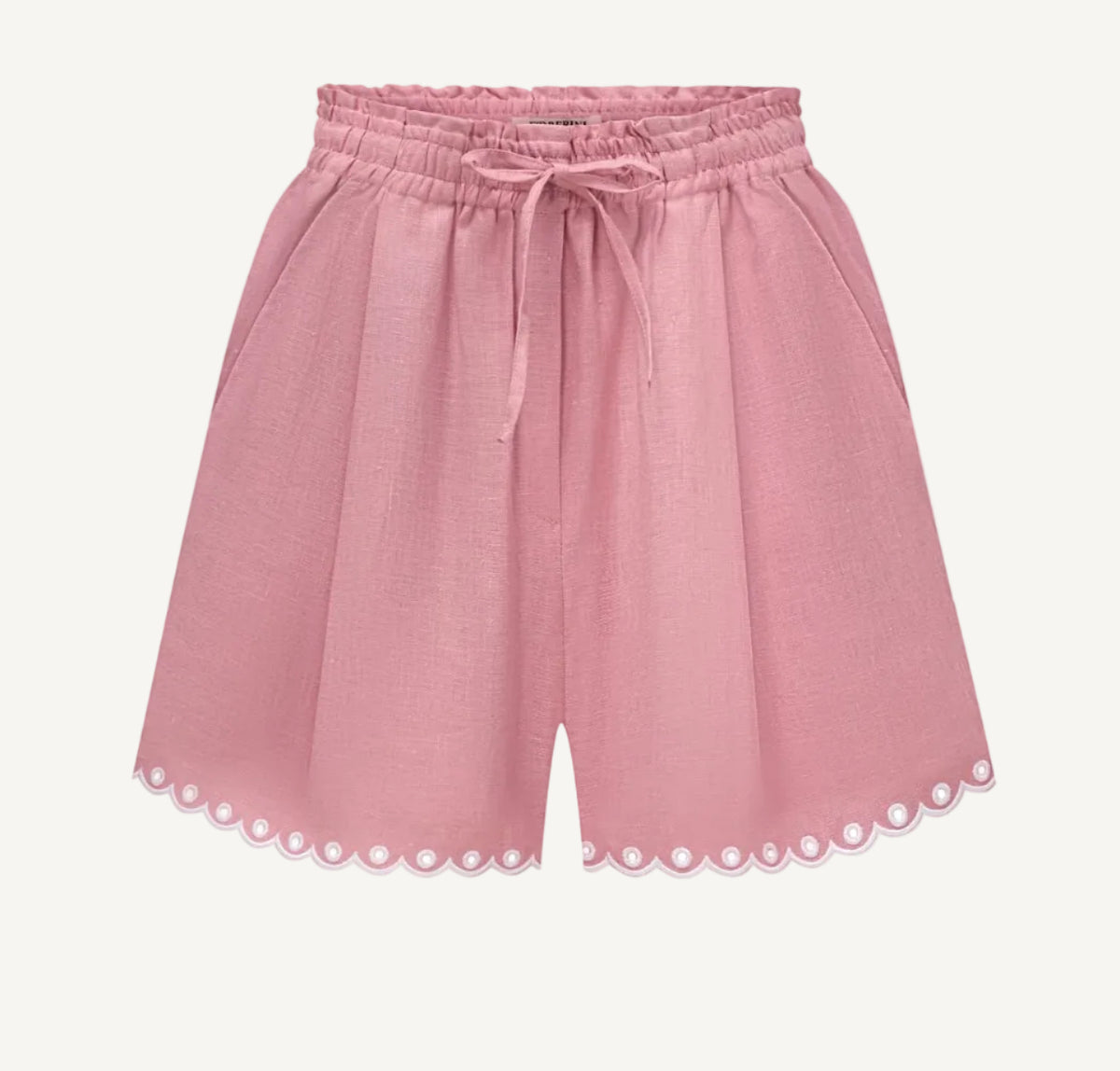 A pair of pink linen-blend shorts with an elastic drawstring waist and a scalloped edge