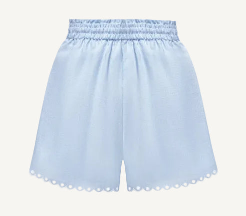 Foberini, Linen shorts, blue, linen, floral motif, handmade – close-up (2)