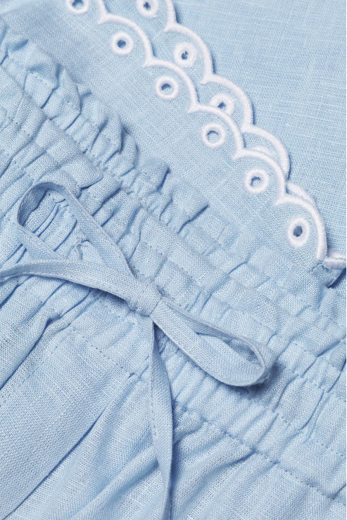 Foberini, Linen shorts, blue, linen, floral motif, handmade – detail (2)