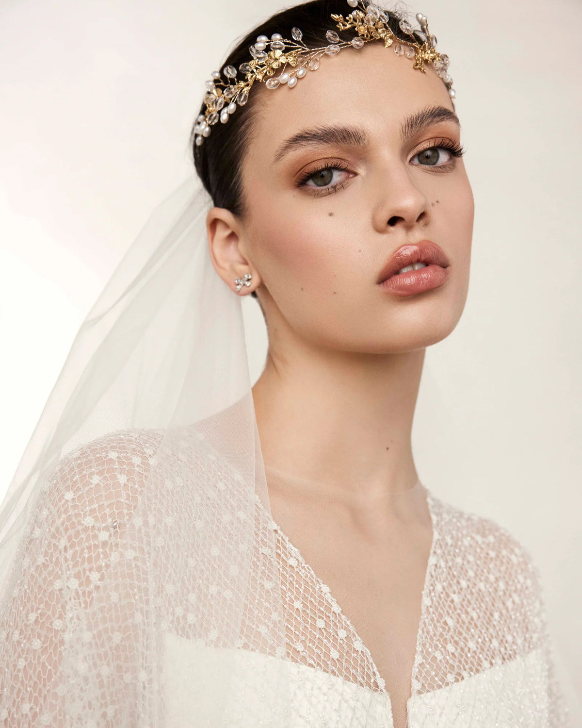 Gold bridal hair piece with pearls and crystals - close-up detail