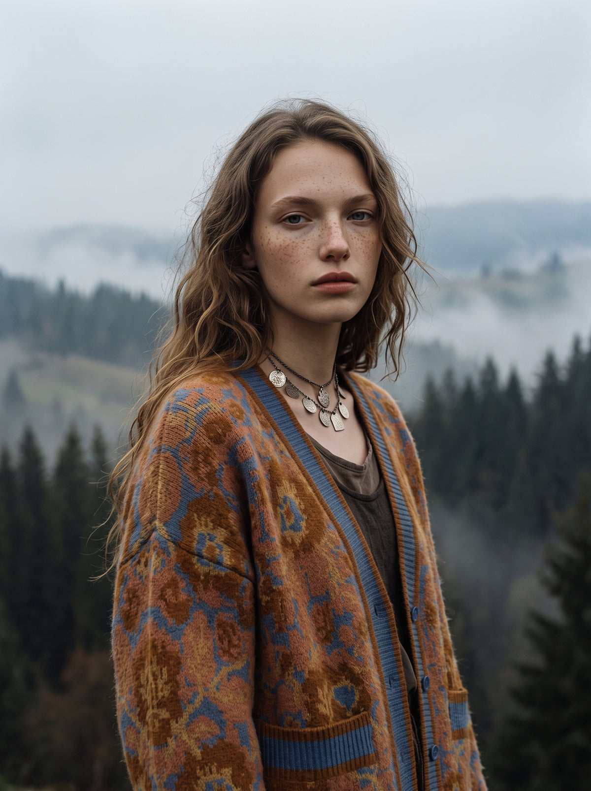 Folk  brown and blue patterned knit cardigan ANNABO
