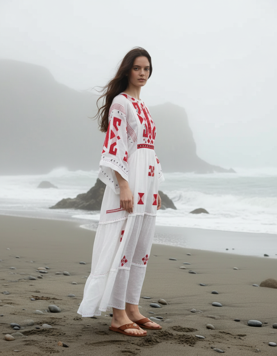 Woman in a white and red patterned dress standing on a beach with foggy mountains in the background.