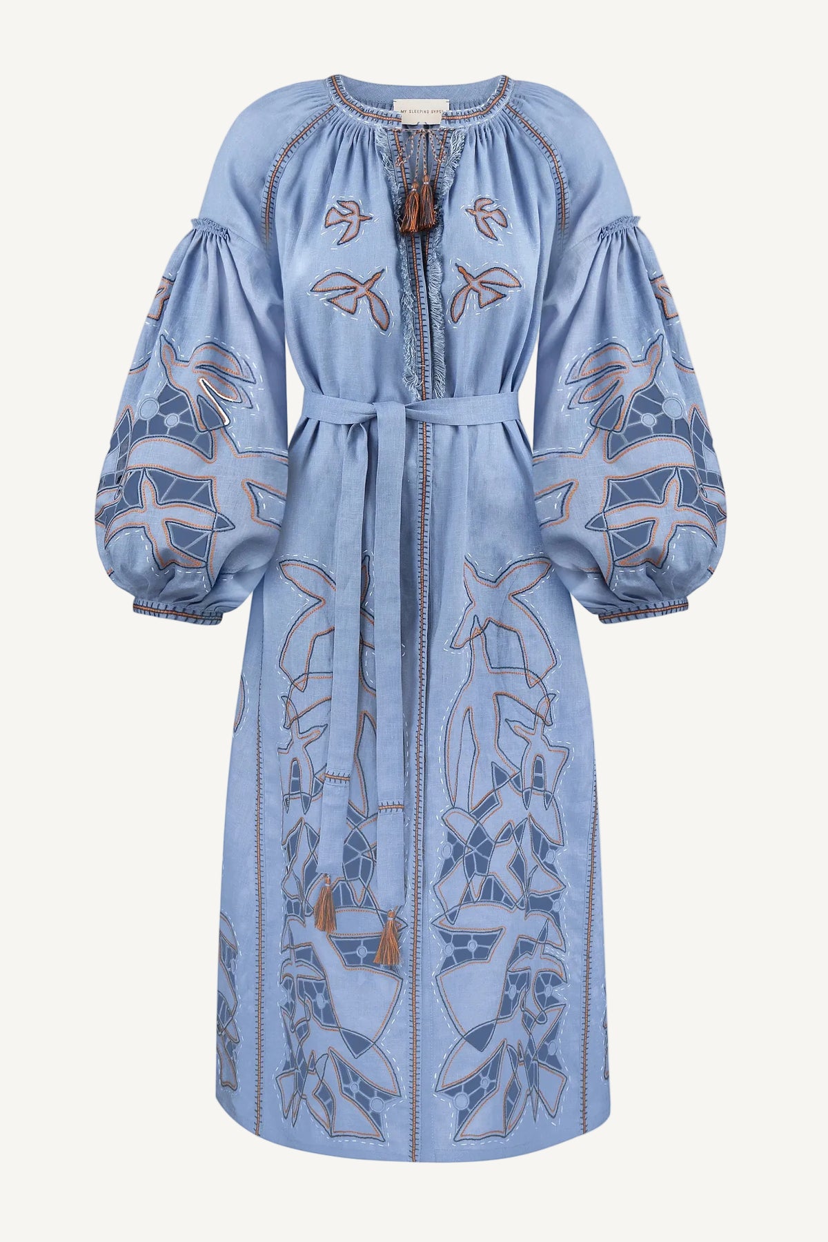 Women's blue linen midi dress with hand-embroidered appliqué motifs and 24-carat silver galvanised beads – Flying Home by My Sleeping Gypsy