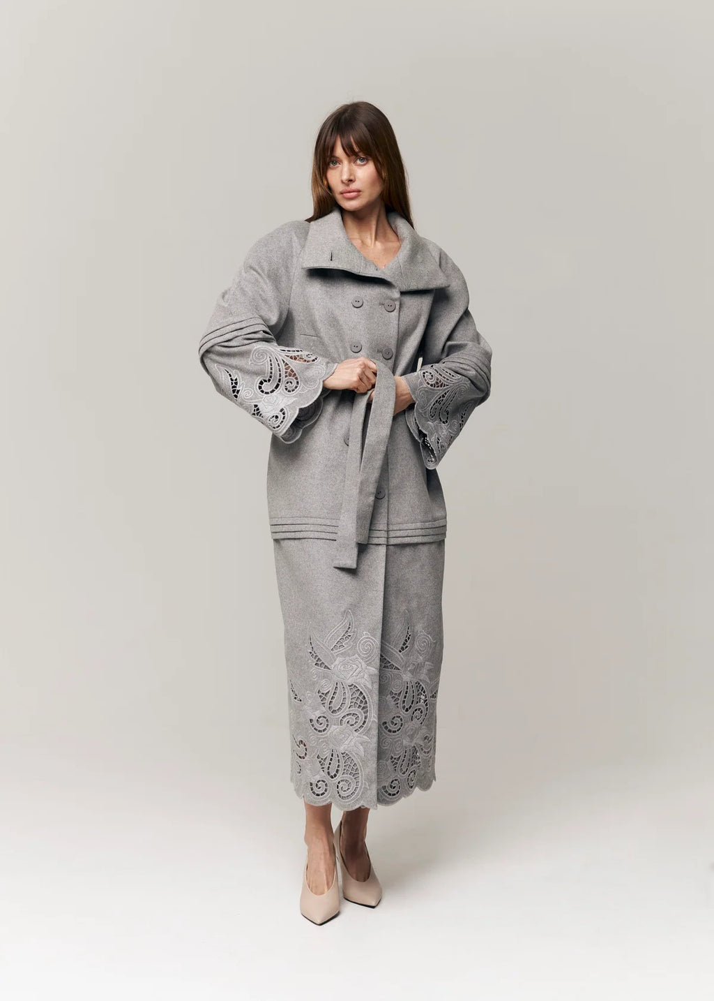 Wool & Cashmere Eyelet Coat "Rose Eclipse Grey"