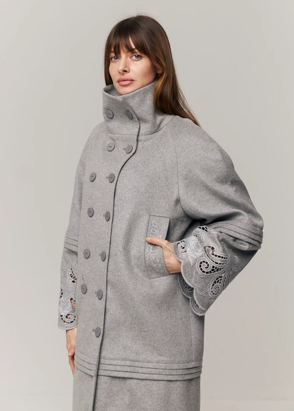 Wool & Cashmere Eyelet Coat "Rose Eclipse Grey"