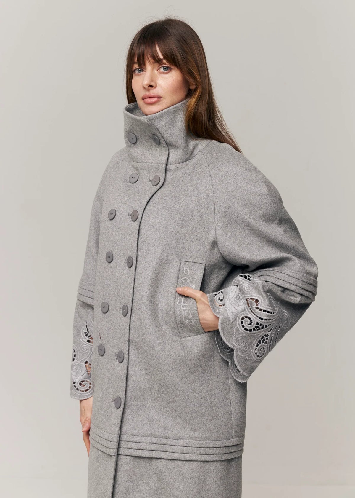 Wool & Cashmere Eyelet Coat "Rose Eclipse Grey"