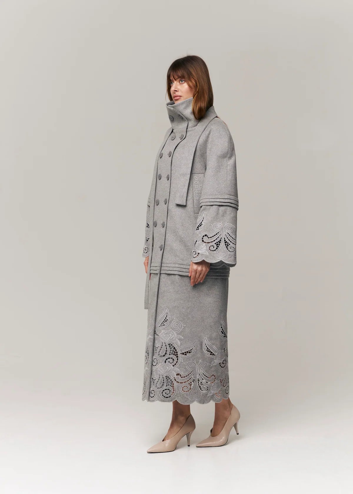 Wool & Cashmere Eyelet Coat "Rose Eclipse Grey"