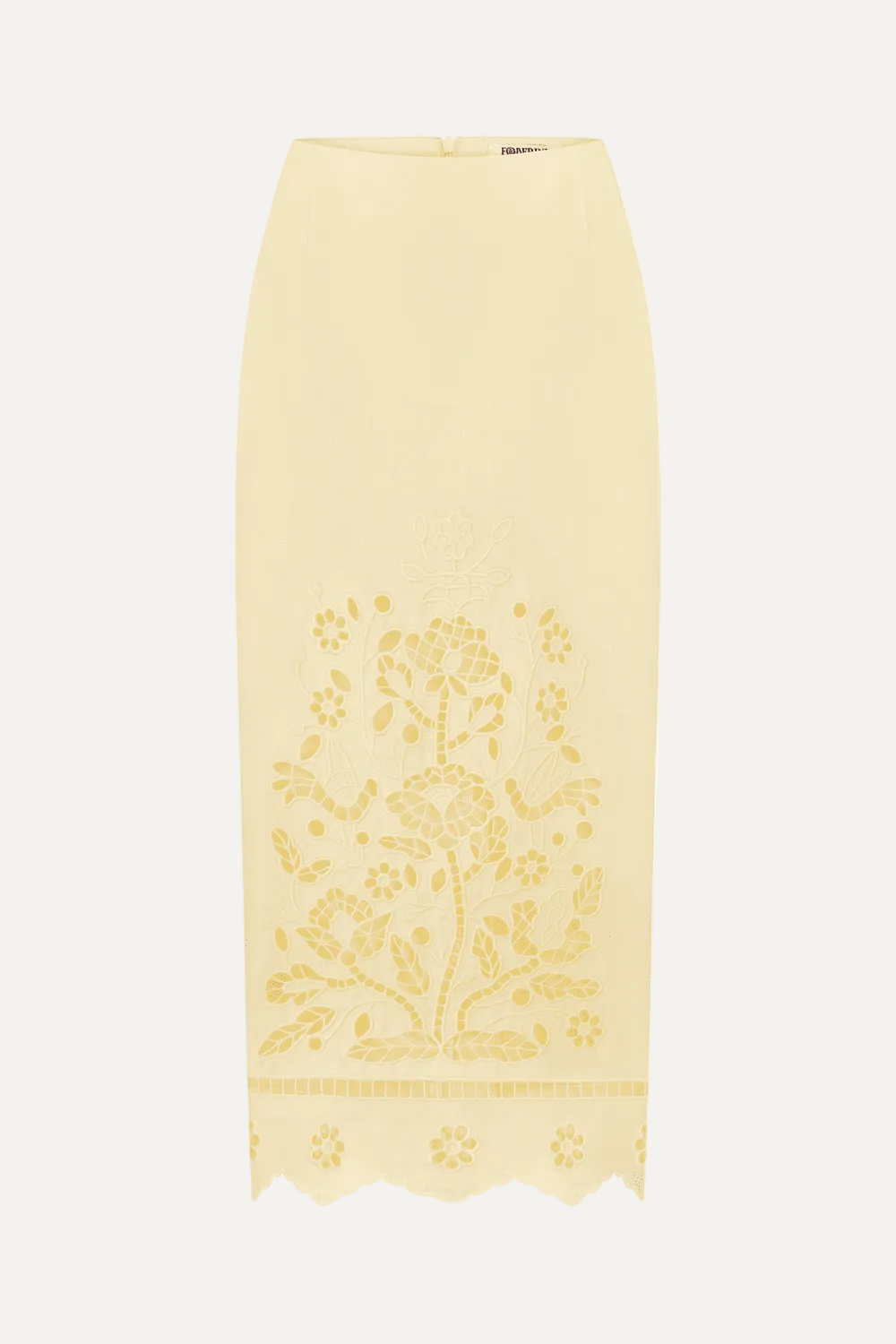 Yellow lace skirt with floral embroidery on a white background
