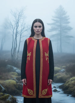 Embroidered wool coat, red, linen, hand-embroidered