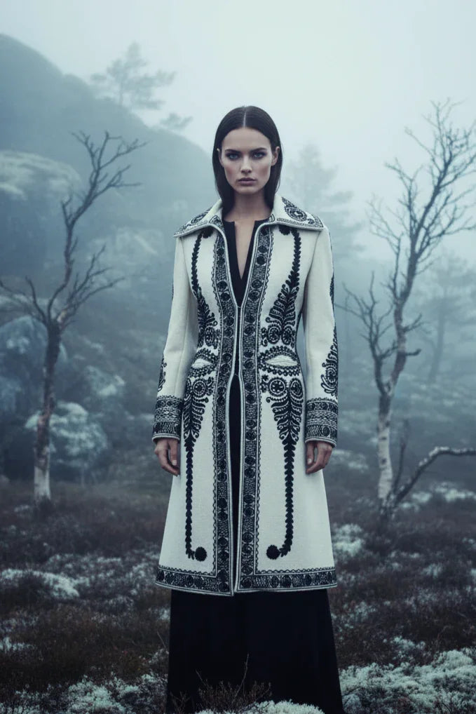 Embroidered wool coat, beige, floral motif, hand-embroidered