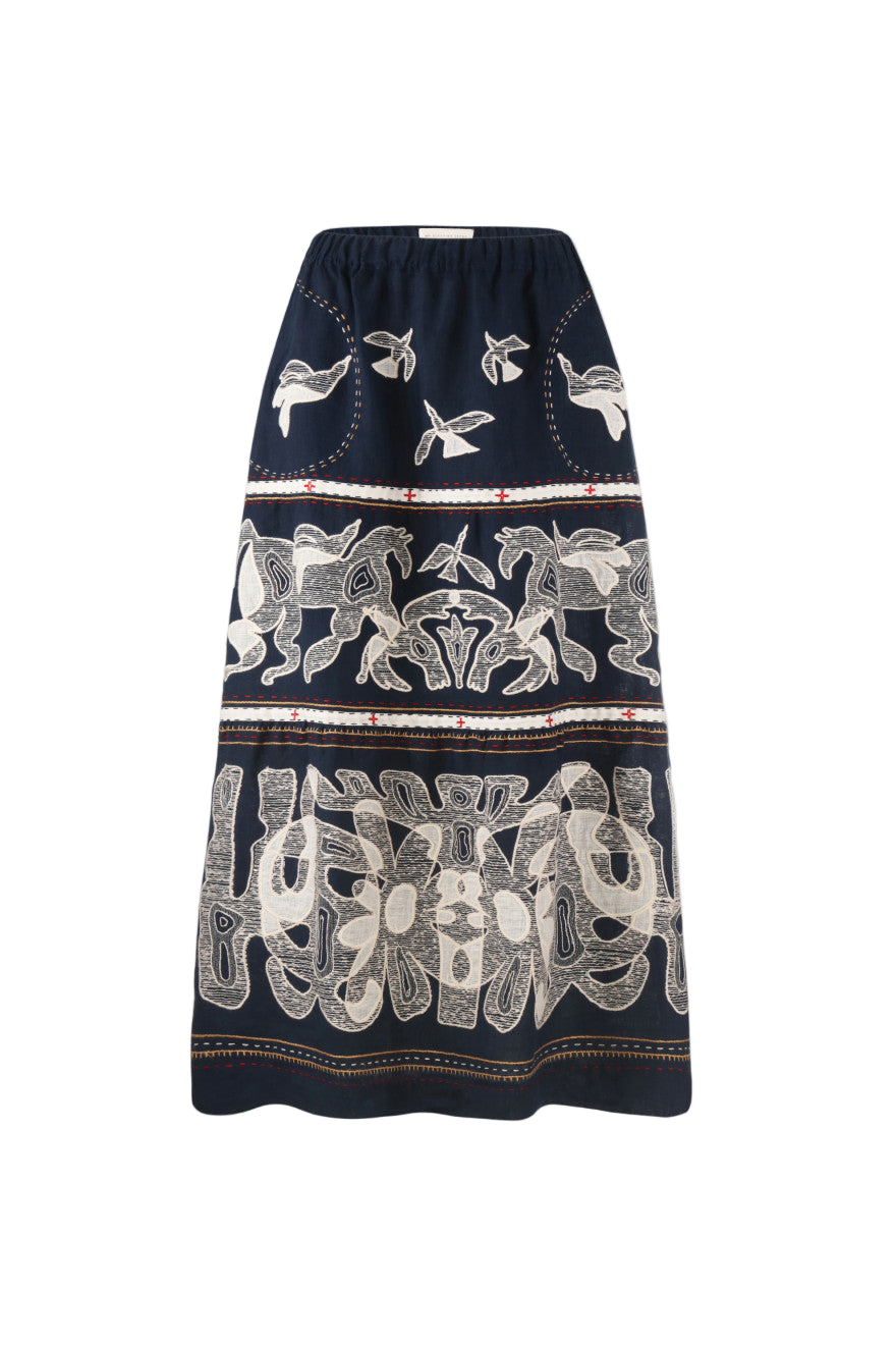 Navy blue skirt with white floral pattern on a white background
