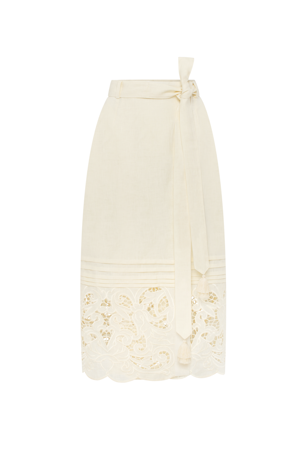 Hand-embroidered folk linen skirt with Richelieu cutwork
