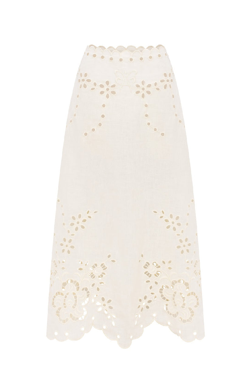 Hand-embroidered folk linen skirt with Richelieu cutwork – embroidery detail