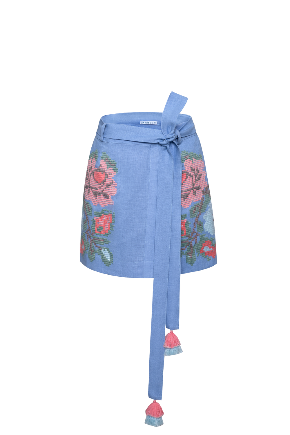 Hand-embroidered floral folk linen skirt with Richelieu cutwork
