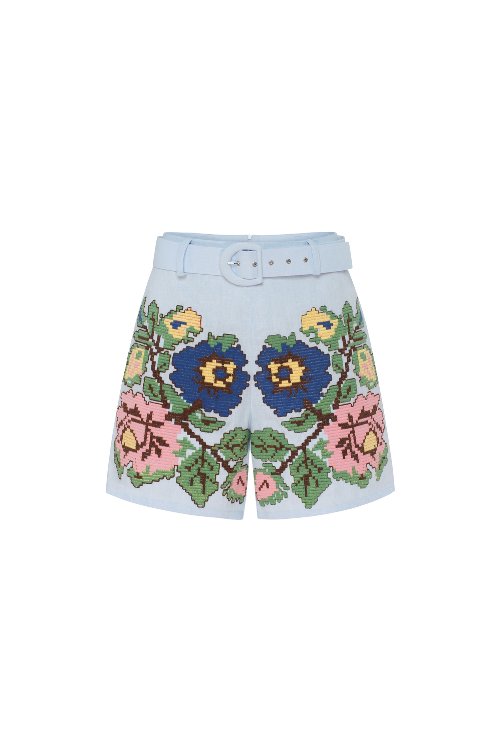 Hand-embroidered folk linen shorts in light blue