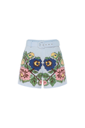 Hand-embroidered folk linen shorts in light blue