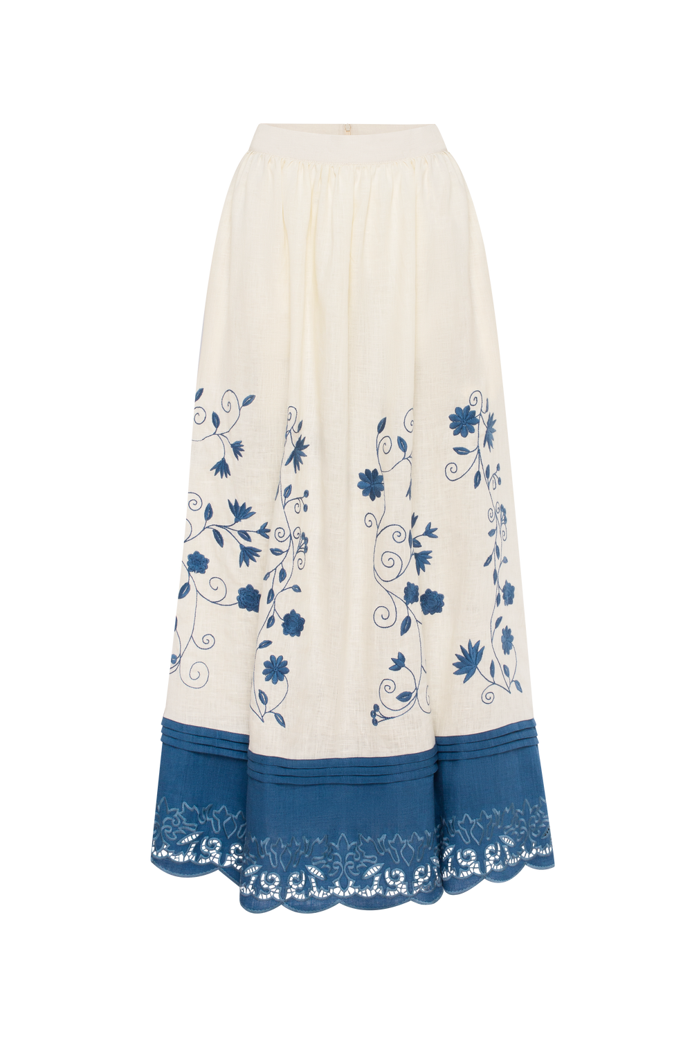 Hand-embroidered folk linen skirt with Richelieu cutwork – back view