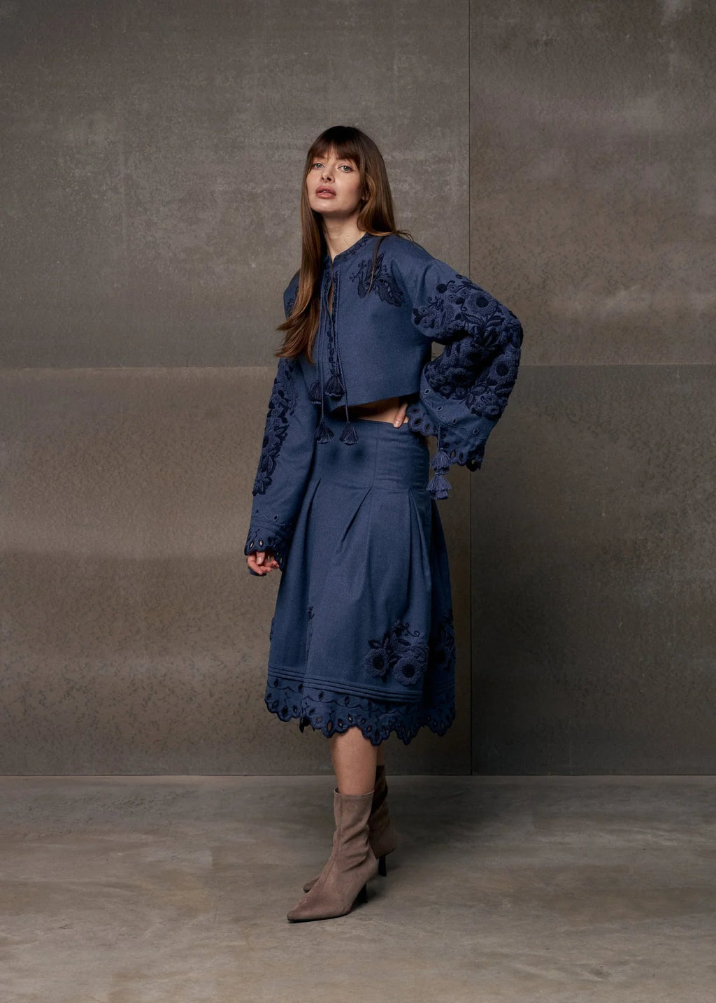 Eylet Embroidered Wool Skirt Midnight Mirage