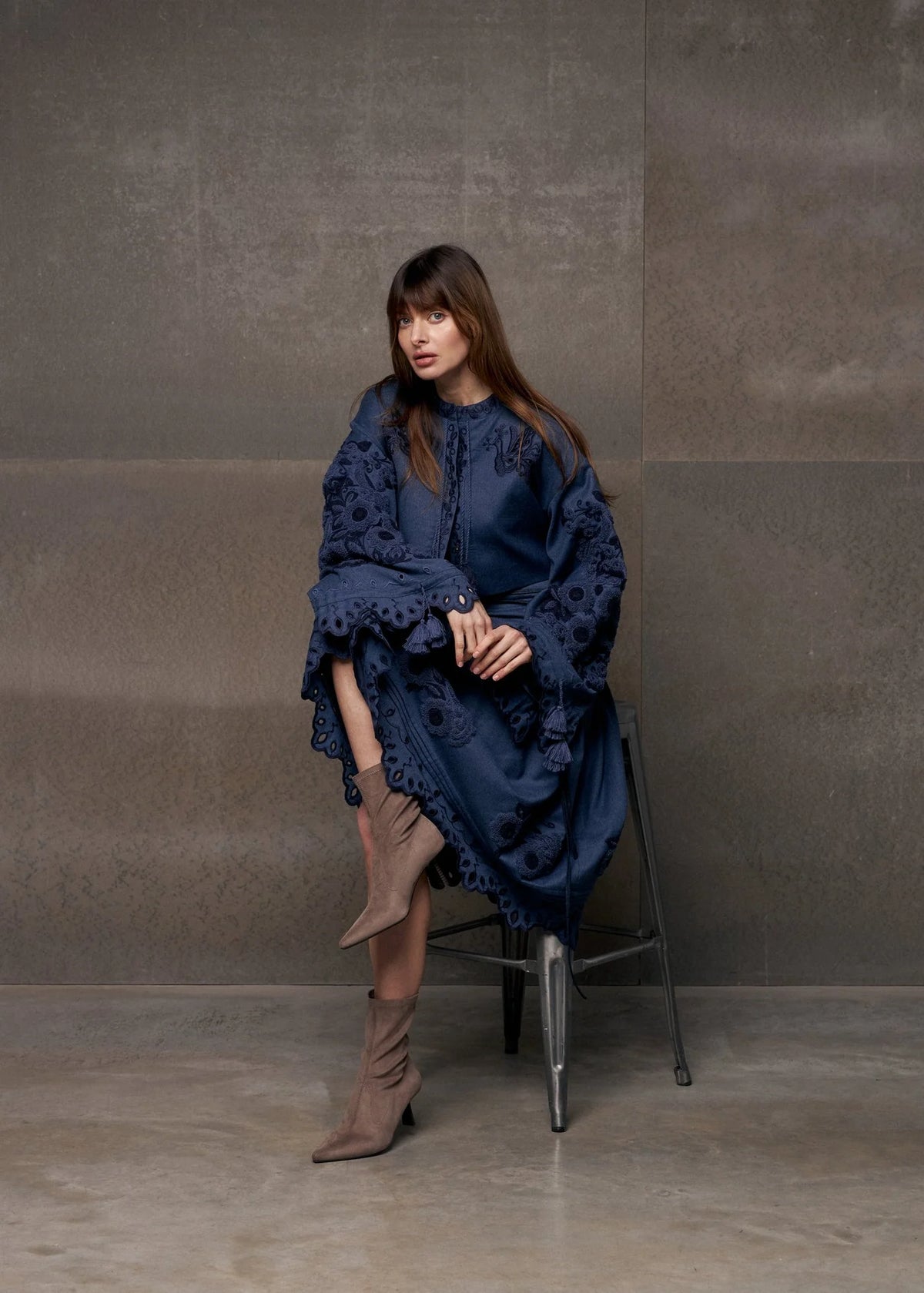 Eylet Embroidered Wool Skirt Midnight Mirage