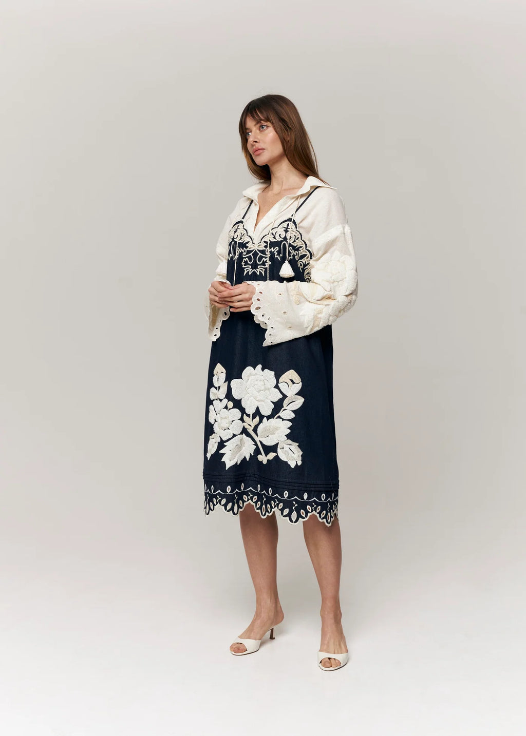 Embroidered Denim Midi Slipdress 'Amber Rose'