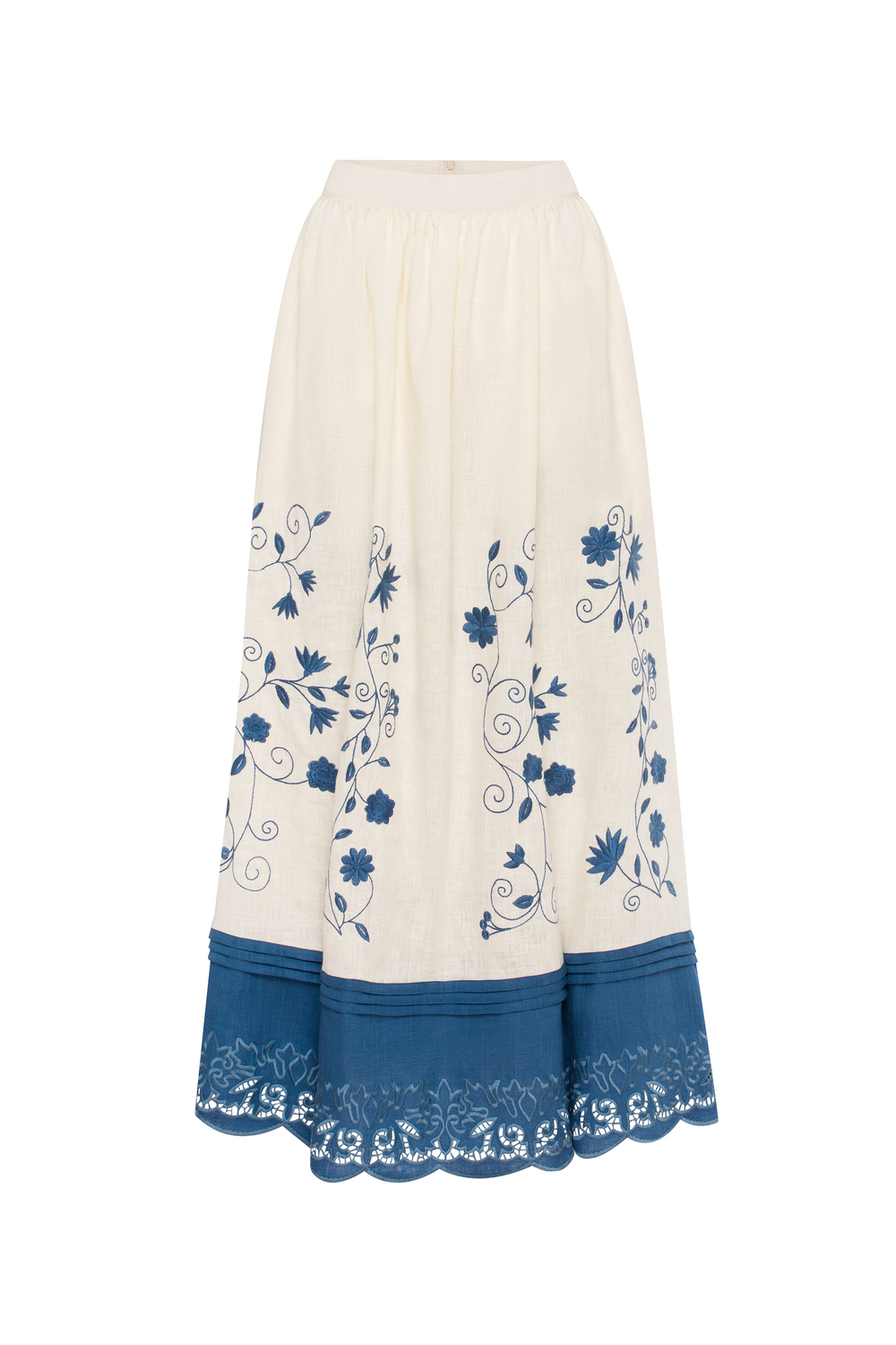 Hand-embroidered folk linen skirt with Richelieu cutwork