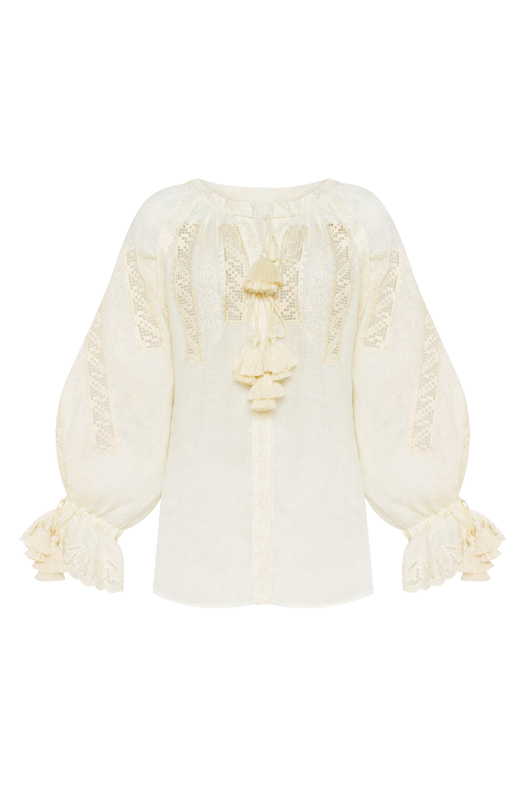 Hand-embroidered linen blouse in ivory