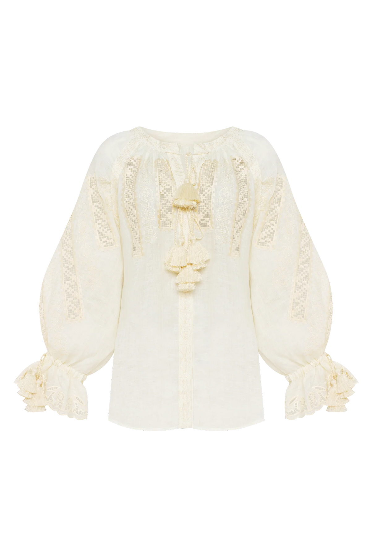 Hand-embroidered linen blouse in ivory