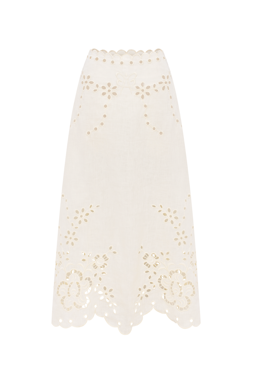 Hand-embroidered folk linen skirt with Richelieu cutwork