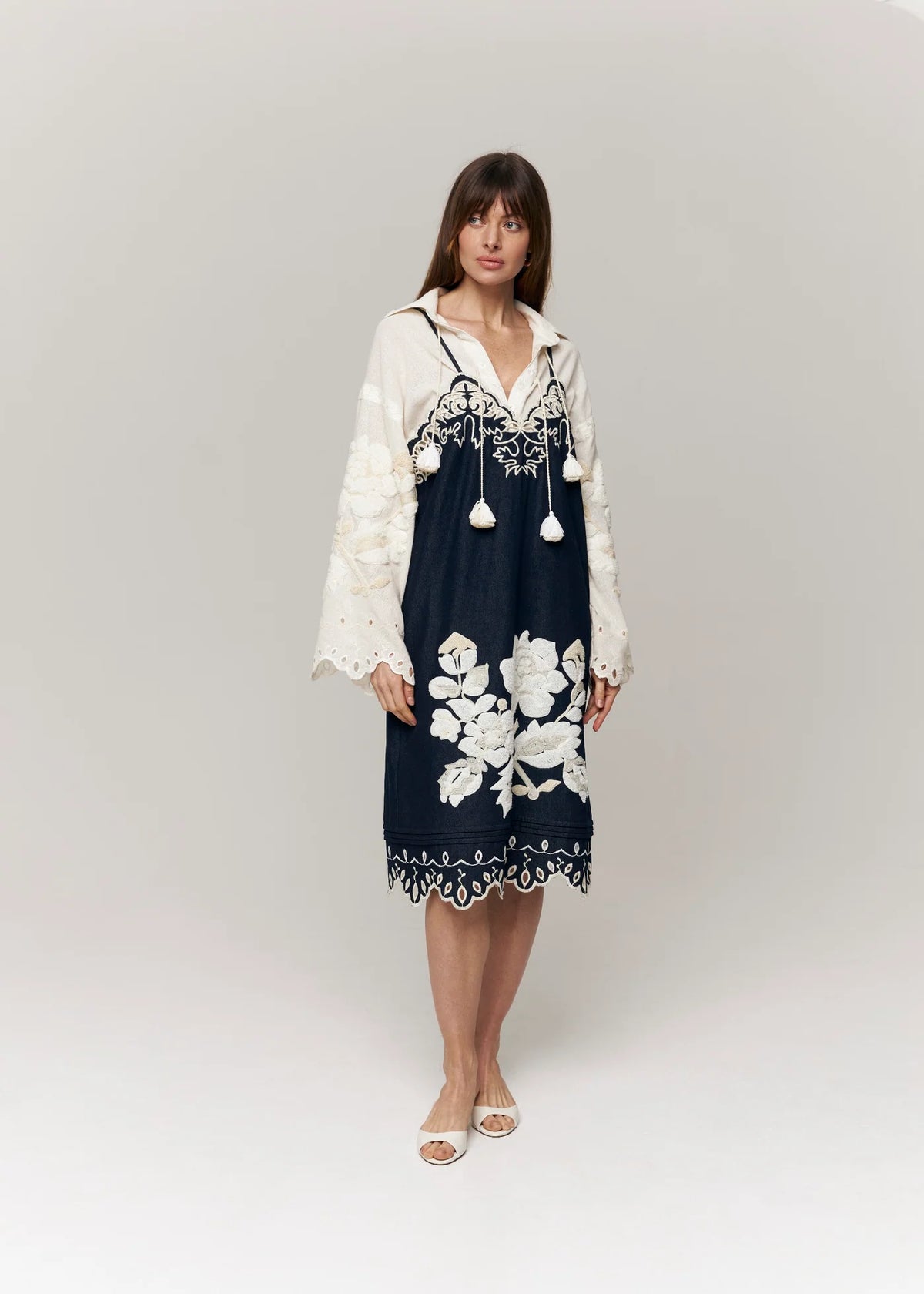 Embroidered Denim Midi Slipdress 'Amber Rose'