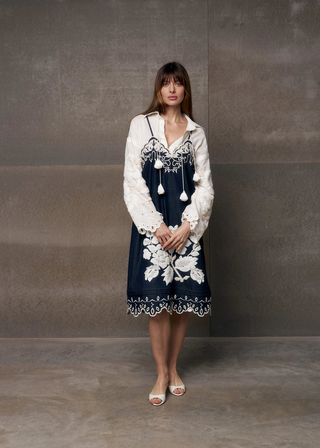Embroidered Denim Midi Slipdress 'Amber Rose'