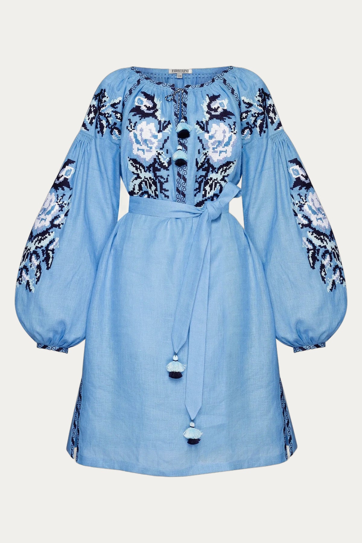 Baloon sleeved blue mini embroidered tunic dress Myroslava by Foberini