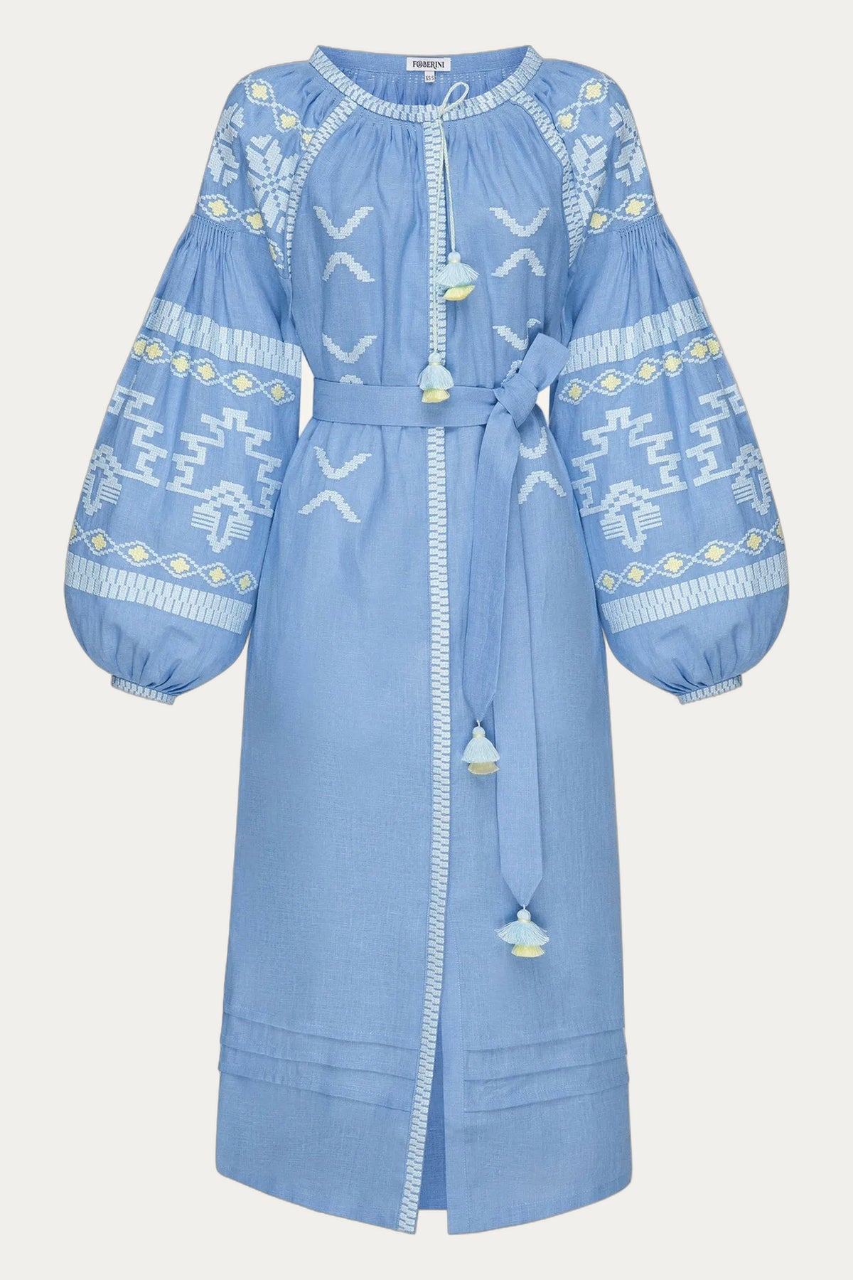 Baloon sleeved bohemian blue midi linen folk inspired embroidery dress Tina by Foberini