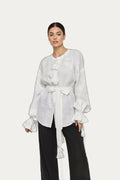 Bijou Blossom Off-White Intricate Embroidery Puff-Sleeved Blouse with tassels and waist tie belt by ANNABO