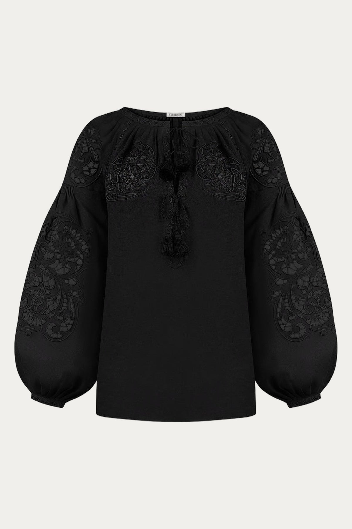 Black Linen Blouse "Kvitka" – Richelieu Cutwork Embroidery by Foberini