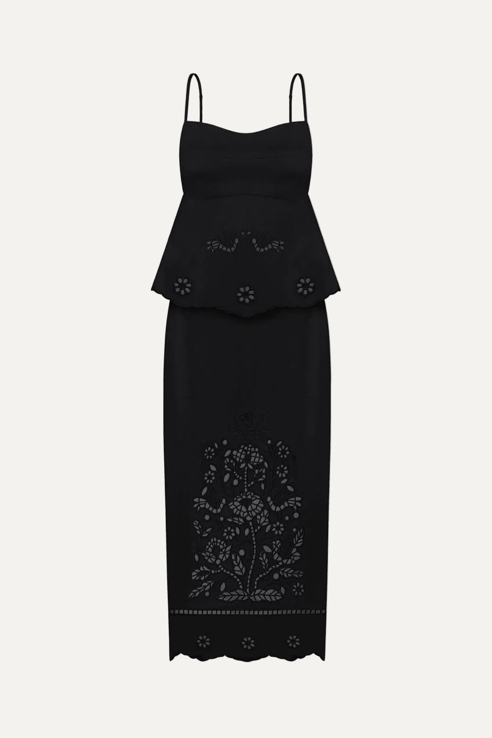 Black dress with floral embroidery on a white background