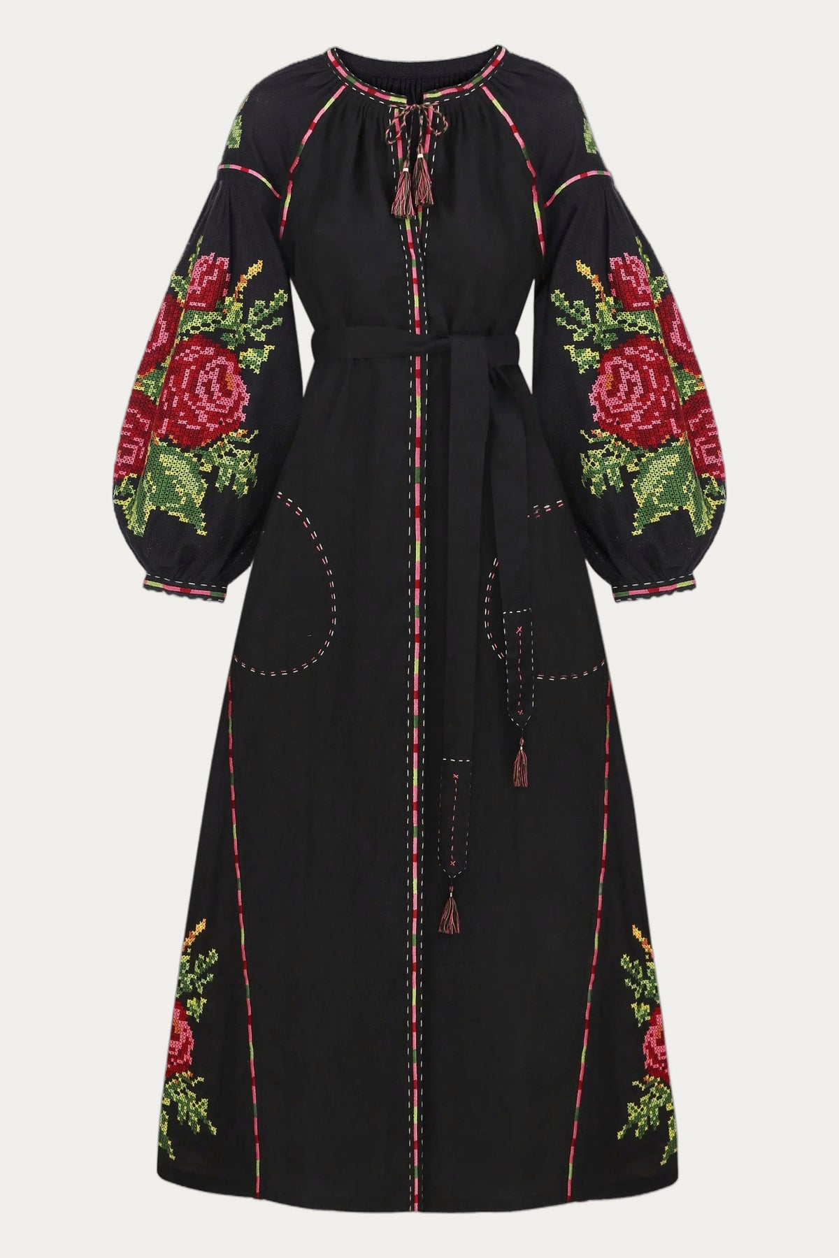 Black linen midi dress with floral embroidery Ruzha by My Sleeping Gypsy