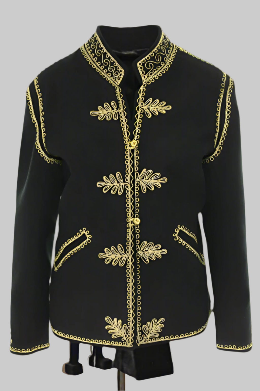 Jachetă unisex de lână neagră cu broderie aurie nr.8