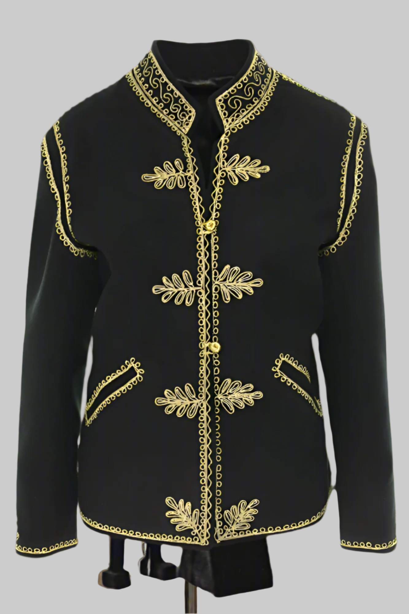 Jachetă unisex de lână neagră cu broderie aurie nr.8