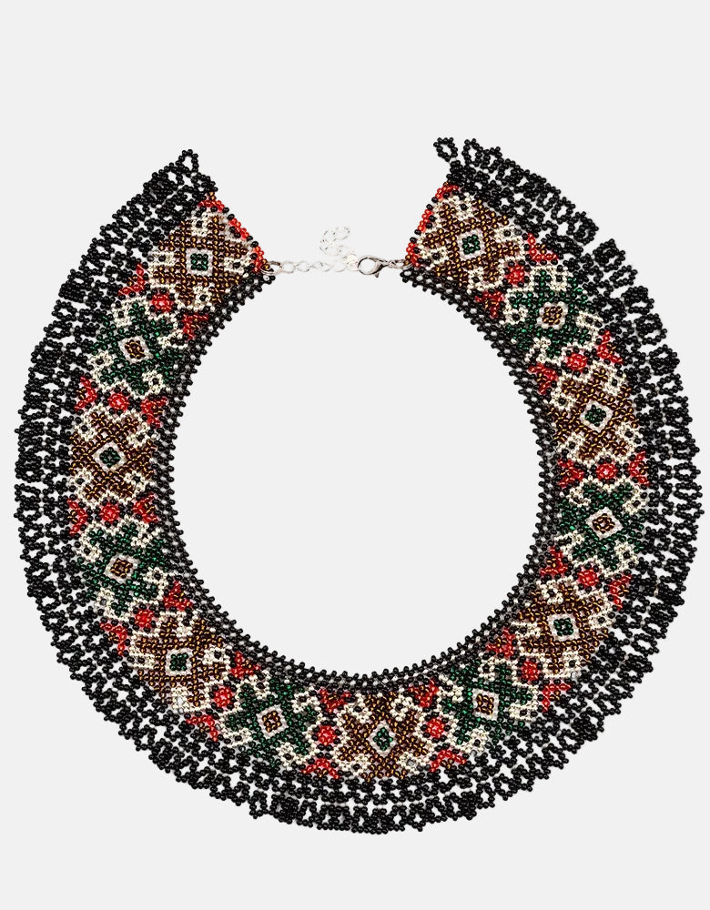 Decorative beaded necklace with geometric pattern on a white background