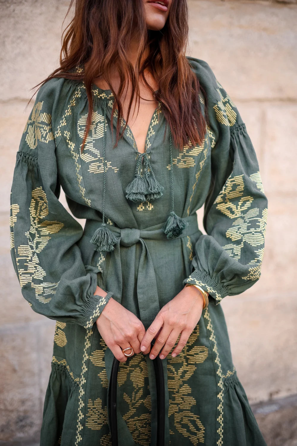 Maxi linen bohemian intricate embroidered dress ANNABO
