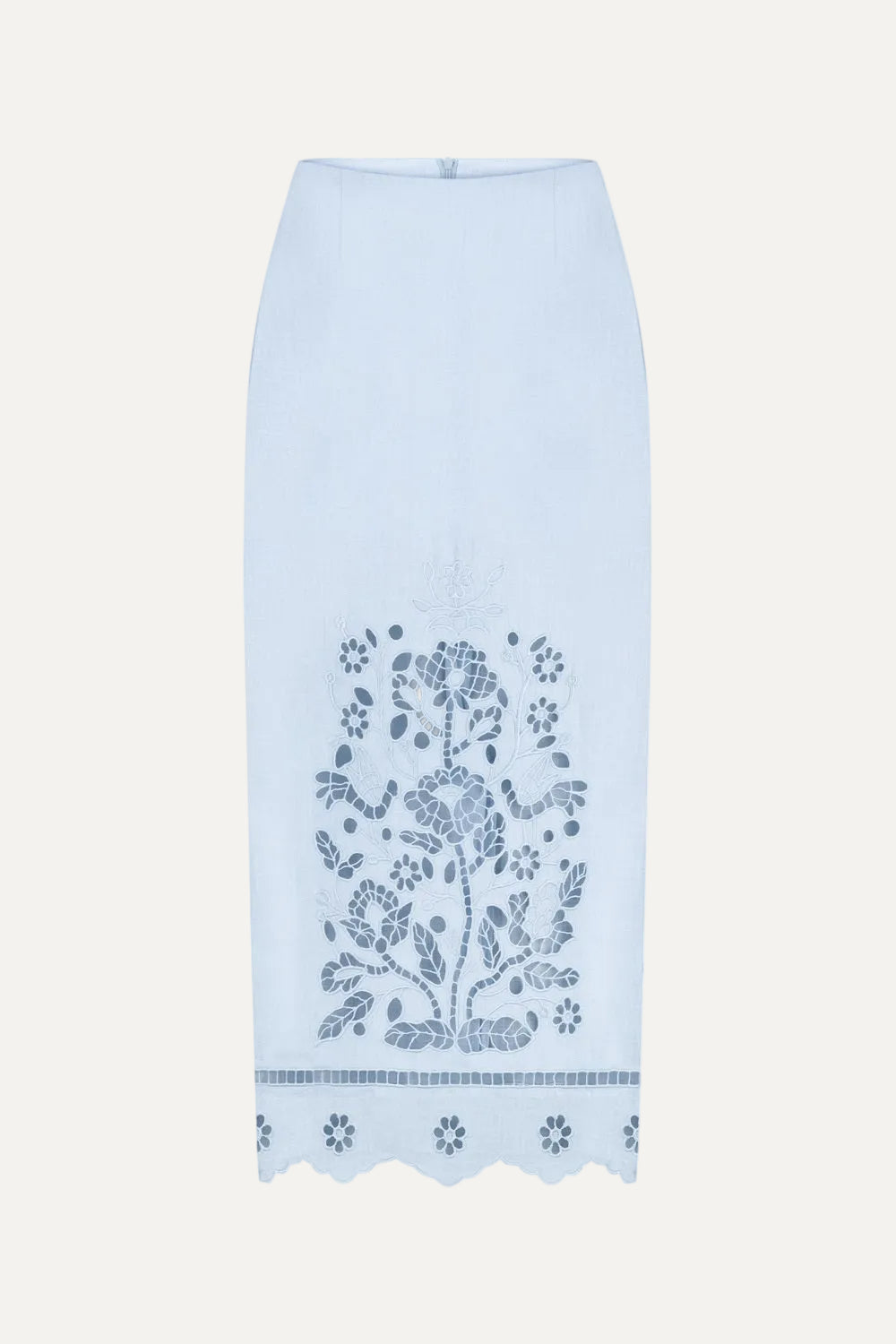 Light blue skirt with floral embroidery on a white background