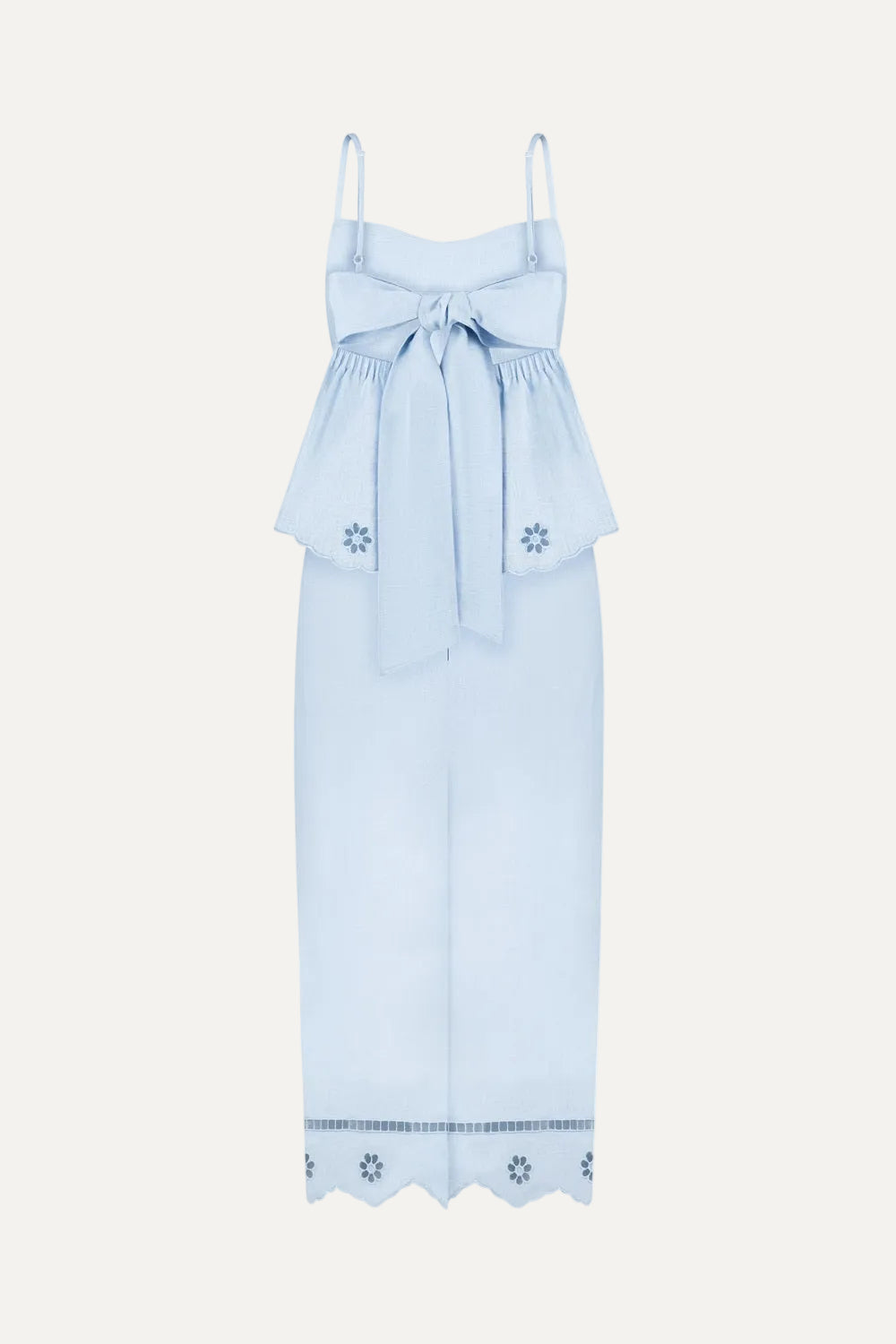 Light blue dress with floral embroidery on a white background