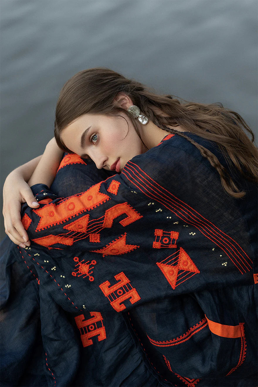 Braille Long Dress in Navy Blue and Orange Embroidery
