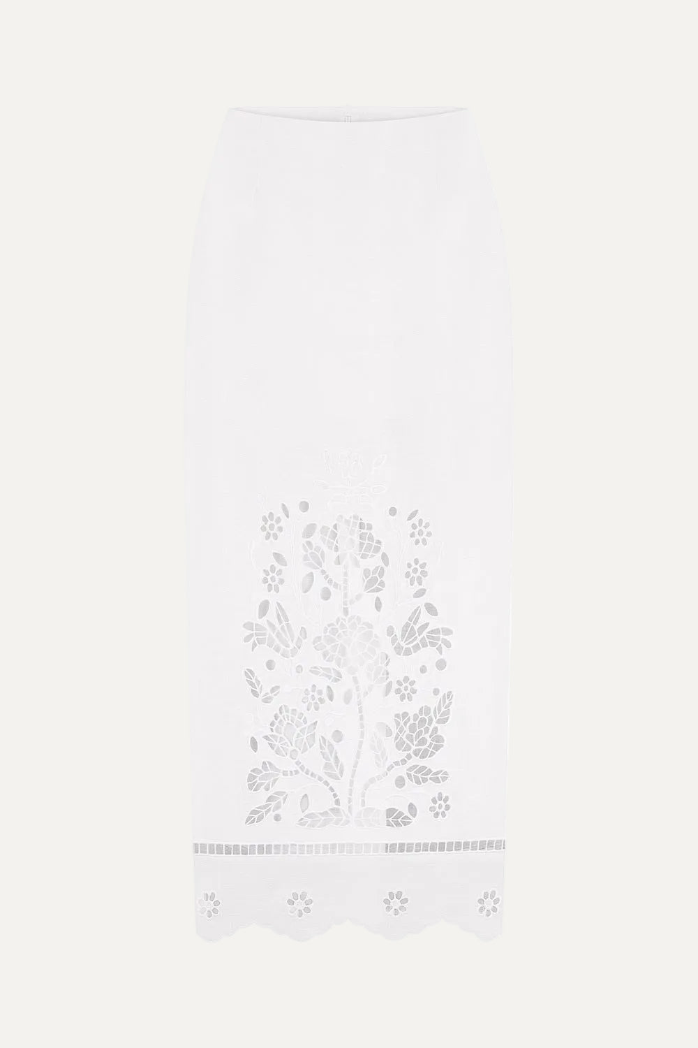 White skirt with floral embroidery on a white background