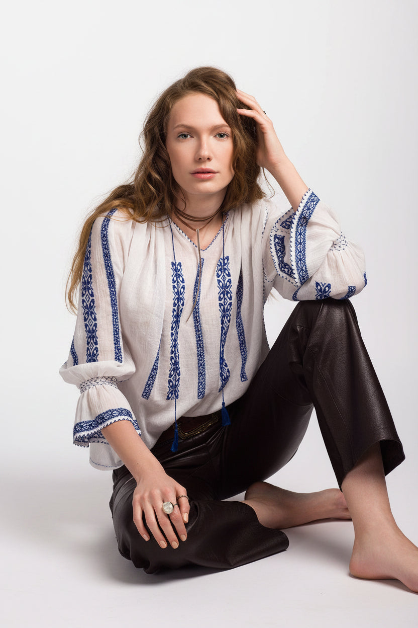 Romanian blouse with blue embroidery 

