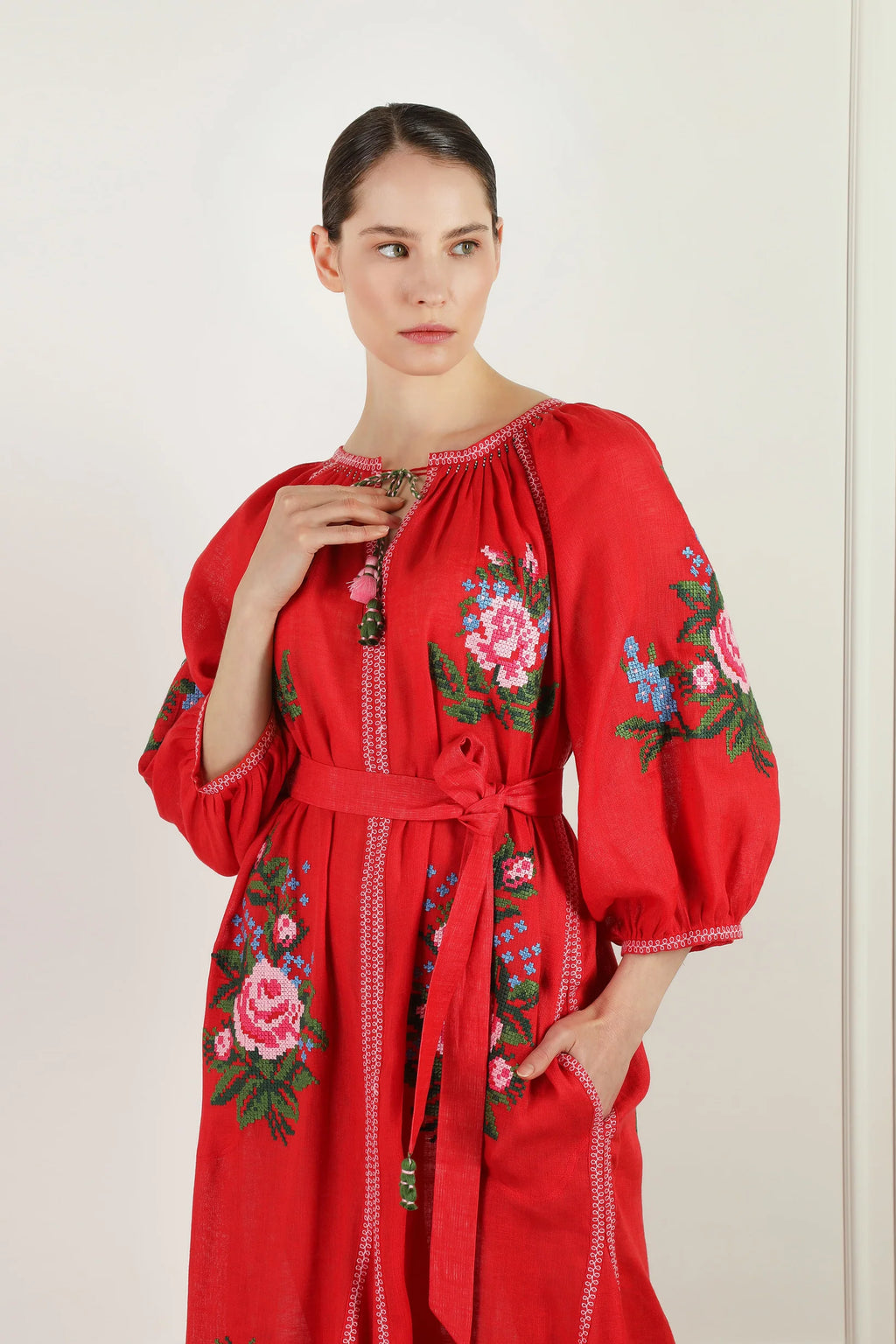 Evelyn cross-stitch embroidered dress in red