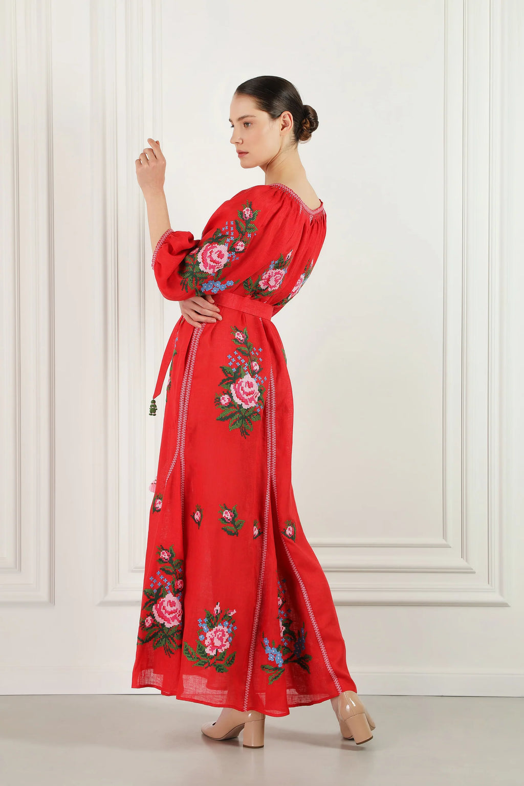 Evelyn cross-stitch embroidered dress in red