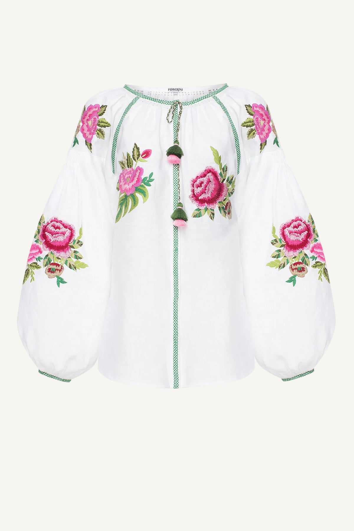 Foberini, Ukrainian vyshyvanka embroidered blouse, white, floral motif, hand-embroidered